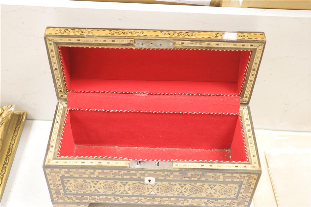 An Anglo-Indian casket, a Damascan domed casket and a modern globe, longest 40cm